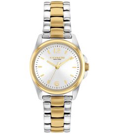 From COACH, the Women's Greyson Two Tone Bracelet Watch features: Gold-tone and stainless steel case and braceletDeployment closureMineral crystalQuartz movementFinished with a Coach Signature date window and marker at 3 o'clockMix of numerical and stick markersCase diameter approx. 28mmWater-resistant up to 99 feetImported. Gold And Silver Watches Women, Two Tone Watches Women, Coach Watches Women, Two Toned Watch, Accessories Watches Women, Two Tone Jewelry, Gold And Silver Watch, Two Tone Bracelet, Coach Watch