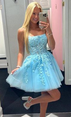 Lace Short Dress, Dress With Pearls, 2023 Homecoming, Sheer Corset, Cute Homecoming Dresses, Soiree Dress, Blue Homecoming Dresses, Puff Dress, Prom Dresses Gowns