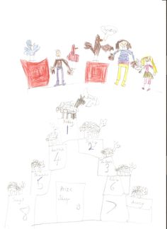 a child's drawing of some people and animals