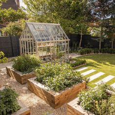 a garden with lots of plants in it and a glass house on the far side