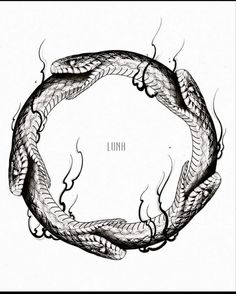 a black and white drawing of two snakes in a circle with the word luna on it