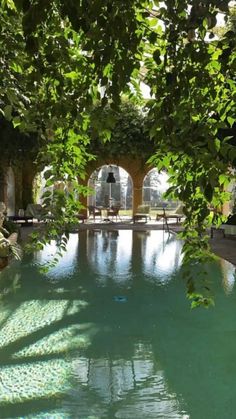 an outdoor swimming pool surrounded by greenery and stone arches with benches in the background