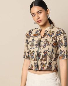 Buy Indie Picks Women Beige Kalamkari Print Cotton Blouse | AJIO Kalamkari Shirts Women, Long Saree Blouse Designs, Beige Blouses, Kalamkari Blouse Designs, Ikat Blouse Designs, Long Blouse Designs, Kalamkari Print, Kalamkari Blouse, Blouse Designs High Neck