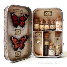 an open tin box filled with bottles and butterflies