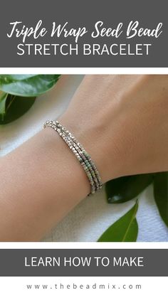 the beaded wrap stretch bracelet is shown with text overlay that reads learn how to make beaded wrap stretch bracelet