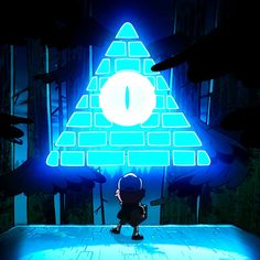 a cartoon character standing in front of a blue pyramid