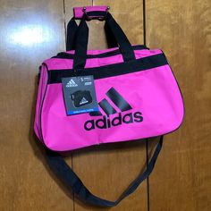 Adidas- Pink Diablo Small Duffel Fits In Gym Locker Adidas Sports Bag In Pink, Adidas Casual Travel Gym Bag, Casual Adidas Gym Bag For Travel, Adidas Pink Bags For Everyday Use, Casual Pink Duffle Bag With Adjustable Strap, Casual Pink Duffle Bag For School, Adidas Belt Bag, Adidas Waist Bag, Canvas Gym Bag