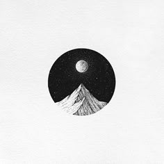 a black and white drawing of mountains with the moon above them