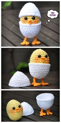 crocheted chicken with egg shell and eggshell