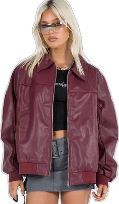 Streetwear Leather Jacket With Ribbed Collar, Trendy Burgundy Leather Jacket With Long Sleeves, Trendy Burgundy Leather Jacket For Fall, Casual Burgundy Leather Jacket With Long Sleeves, Trendy Burgundy Long Sleeve Biker Jacket, Trendy Burgundy Biker Jacket With Long Sleeves, Trendy Burgundy Outerwear With Zipper Closure, Burgundy Biker Jacket With Zipper For Fall, Fall Burgundy Biker Jacket With Zipper Closure