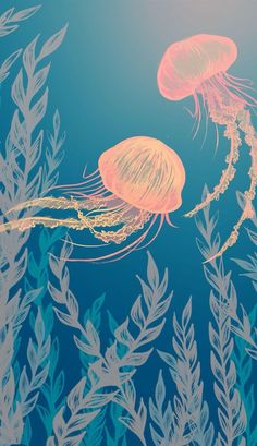 two jellyfish swimming in the ocean surrounded by seaweed and plants on a blue background