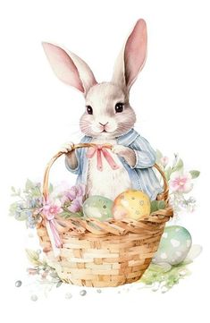 a watercolor painting of a bunny with an easter basket