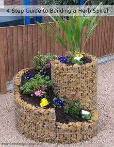 there is a garden in the middle of a circular planter made out of bricks