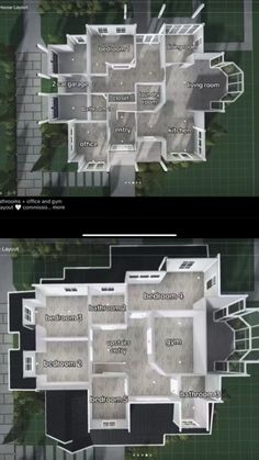 two views of a house from above, with the floor plan in perspective and an overhead view