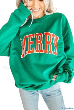 OrcaJump - MERRY Design Pullover Sweater Green Letter Print Sweater For Winter, Green Winter Sweater With Letter Print, Green Winter Tops With Ribbed Cuffs, Green Letter Print Sweatshirt For Winter, Green Letter Print Tops For Winter, Green Fall Sweatshirt For College, Casual Green Christmas Sweatshirt, Green Casual Christmas Sweater, Christmas 2022 Trends