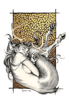 a drawing of a woman laying on top of a deer