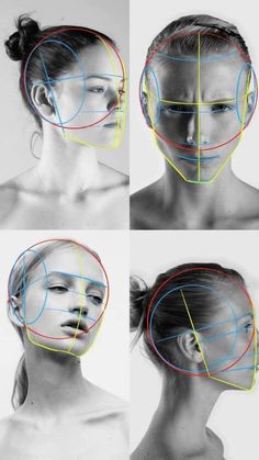 four different images of a woman's face with lines in the middle