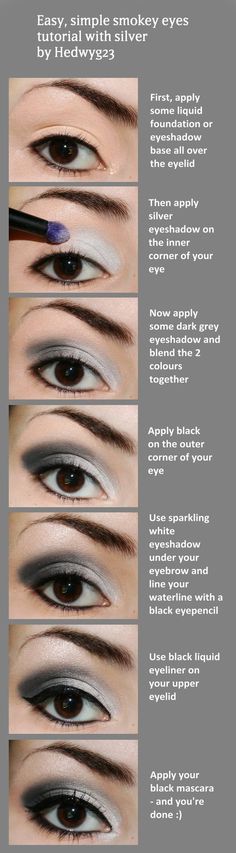 Easy Simple silver smokey eye makeup tutorial #eyes #makeup #steps Smokey Eyes Tutorial, Silver Smokey Eye, Smokey Eye Easy, Grey Eyeshadow, Mekap Mata, Silver Eyeshadow, Smokey Eye Tutorial, Smokey Eye Makeup Tutorial