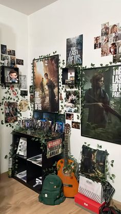 a room filled with posters and pictures on the wall