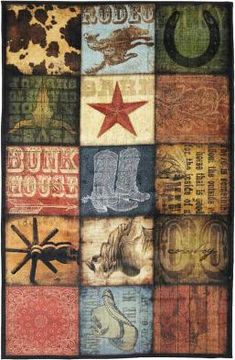 a rug with many different colors and designs on it, including stars, horseshoes, boots