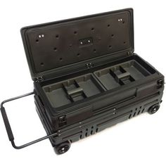 an open black case with four compartments on the inside and one in the outside, sitting on wheels