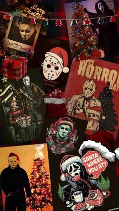 a collage of horror themed christmas cards and stickers on a table with decorations