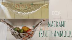 an image of macrame fruit hammock hanging on the wall with text overlay