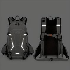 the back and side views of a backpack with reflective lights on it, all in grey