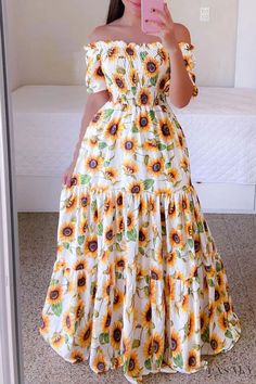 Lasaky - Stylish Womens Yellow Off-the-Shoulder Patchwork Casual Dress with Print Design Yellow Off-shoulder Summer Dress, Long Flower Dress, Bohemian Party, Printed Long Skirt, Cotton Long Dress, Tube Top Dress, Floral Sleeve, Printed Long Dresses, Floral Fashion