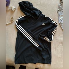 Nwot. Removed The Size Tag But It Can Fit Adult S-M Comes From Pet/Smoke-Free Home White Long Sleeve Hoodie With Three Stripes, Adidas Hooded Sports Top, Cotton Hoodie With Three Stripes Long Sleeve, Black Long Sleeve Tops With Three Stripes Branding, Adidas Crew Neck Tops With Drawstring Hood, Adidas Tops With Drawstring Hood And Crew Neck, Adidas Long Sleeve Tops With Three Stripes, Black Hooded Sweatshirt With Three Stripes, Casual Winter Tops With Three Stripes