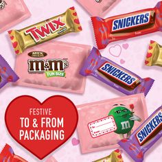 valentine's day candy wrappers with the words festive to & from packaging