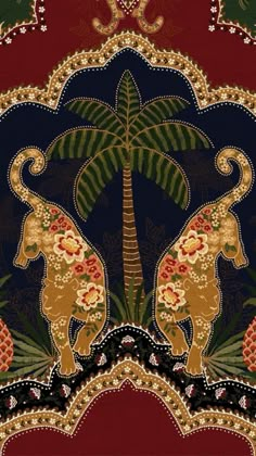 an elephant and palm tree on a red, blue, green and gold patterned background