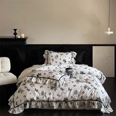 Black & White Butterfly French Ruffle Bedding Set Medium / Fitted Victorian Inspired Bedroom, French Bedding, Black White Butterfly, French Style Bedroom, Black Butterflies, Stylish Bedding, Enchanting Garden, Bed Sheet Sizes, French Bed