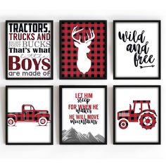 four red and black prints with the words, tractors trucks and boys are made of