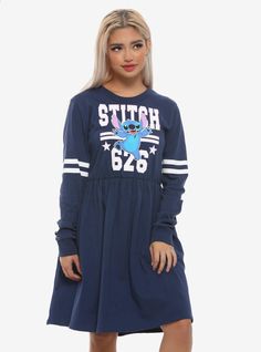 Get in the Disney spirit with this athletic-inspired dress from Lilo & Stitch ! The dark blue dress features a print of Stitch with his name and experiment number behind in white on the front with dual white stripes on each arm Culture Clothing, Dark Blue Dress, Her Universe, Disney Dresses, Disney Lilo, Girl Sweatshirts, 1950s Fashion, Inspired Dress, Lilo And Stitch