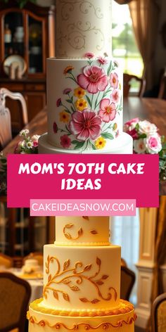 Explore 6 delectable cake ideas perfect for celebrating your mom's 70th birthday. Featuring two images: a vintage floral garden cake and a stunning golden anniversary cake, these ideas are about making her day special!