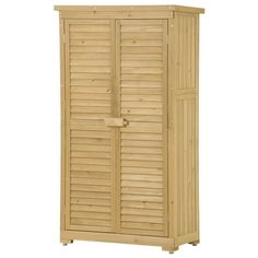 a tall wooden cabinet with shutters on the doors and bottom section, in front of a white background