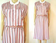 "FREE SHIPPING WORLDWIDE FOR ALL ADDITIONAL ITEMS PURCHASED  -1970s vintage candy striped dress -Peter pan collar  -Pleated front shoulder panel -Button down front -Semi Sheer lightweight fabric -Mid length -Belt included Condition: There are some minor pulls in the fabric on the front and back. Excellent vintage Brand/Label: Toni Material: Polyester Estimated Size: S-M  MEASUREMENTS:  - Length: 109cm (43\") - Bust: 52cm (20.5\") - Waist: 43cm (17\") - Hips: 49cm (19\") Measurements taken while Retro Summer Shirt Dress For Daywear, Retro Collared Shirt Dress For Summer, Retro Collared Vintage Dress For Summer, Collared Retro Vintage Summer Dress, Retro Collared Vintage Summer Dress, Vintage Collared Dress With Placket, Vintage Collared Shirt Dress For Spring, Vintage Collared Shirt Dress For Summer, Vintage Short Sleeve Shirt Dress For Daywear