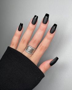 61 Cute Halloween Nail Designs and Ideas for Spooky Season Matte Black Nail Polish, Tuxedo Nails, Short Coffin Nails Designs, Black Ombre Nails, Acrylic Nail Designs Coffin, Black Coffin Nails, Natural Nail Designs, Matte Black Nails