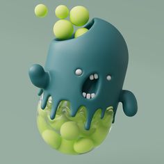 a blue and green object floating in the air with balls on it's head