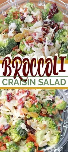 broccoli and cranberry salad in a glass bowl