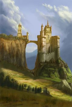 a painting of a castle on top of a hill with a bridge going over it