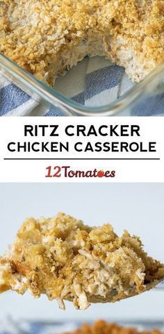 a close up of a spoon with food in it and the words, hitz cracker chicken casserole