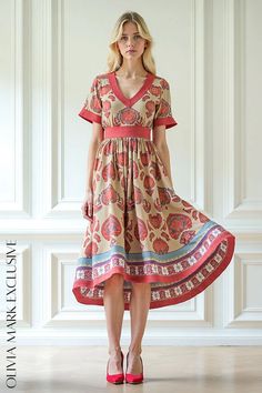 Olivia Mark - Elegant Bohemian Midi Dress with Vibrant Paisley Print and Asymmetrical Hemline Bohemian Midi Dress, Elegant Bohemian, Coral Navy, Blue Florals, Flowing Skirt, Style And Grace, Free Spirited, Cinched Waist, Olivia Mark