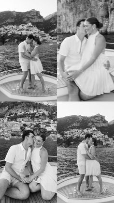 black and white photos of two people kissing on the deck of a boat in italy