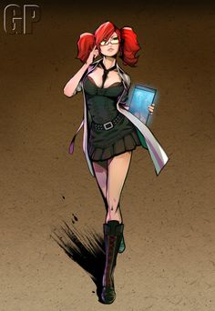 a woman with red hair and glasses is walking in the dirt holding a laptop computer