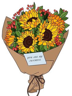 a bouquet of sunflowers wrapped in brown paper