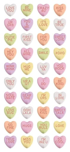 conversation hearts with the words i love you in different colors and shapes, on a white background