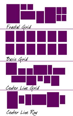 three different purple squares with the words center line row and central grid in black ink