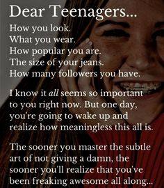 a woman smiling and holding her hand to her face with the words dear teenagers on it